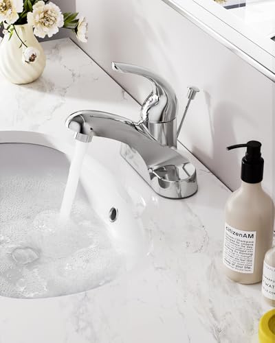 WOWOW Bathroom Faucet 1 Handle Low Arc Single Handle 4 inch Centerset Bathroom Sink Faucet with Lift Rod Drain Assembly Basin Mixer Tap Chrome Vanity Taps - color: Chrome