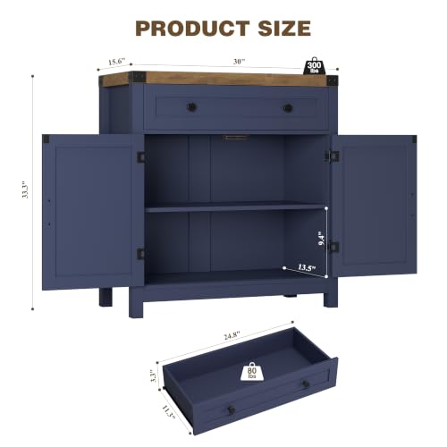 HOSTACK Kitchen Storage Cabinet, Farmhouse Coffee Bar Cabinet, Blue/Brown | Small Buffet Cabinet with Doors & Wide Drawer, Wood Sideboard Buffet, Entry Table w/ Adjustable Shelf for Dining Living Room - color: Blue / Rustic Brown