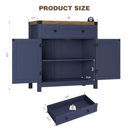 HOSTACK Kitchen Storage Cabinet, Farmhouse Coffee Bar Cabinet, Blue/Brown | Small Buffet Cabinet with Doors & Wide Drawer, Wood Sideboard Buffet, Entry Table w/ Adjustable Shelf for Dining Living Room - color: Blue / Rustic Brown