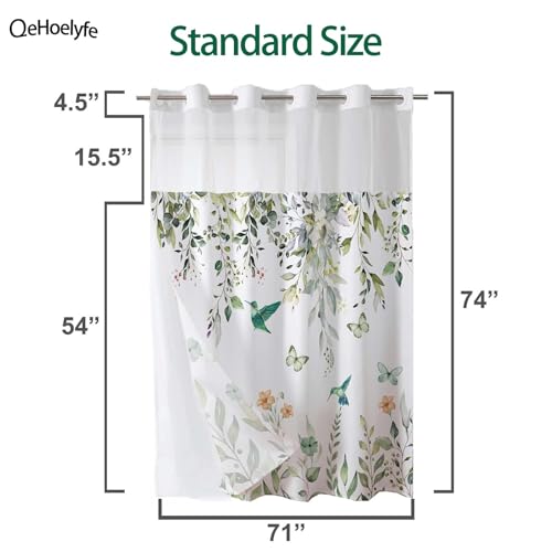 Sage Green Eucalyptus No Hook Shower Curtain with Snap in Liner- Hummingbird Shower Curtains for Bathroom- Fabric Inner Liner, Garden Butterflies Bath Curtains- Machine Washable,71 x 74 - color: Green Hummingbird