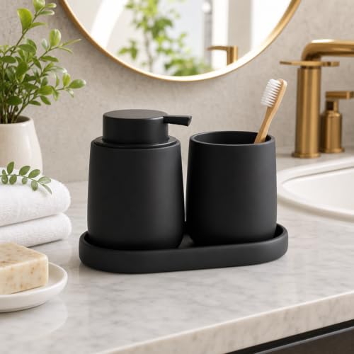 Ceramic Bathroom Accessories Set, 3 Pieces with Soap Dispenser, Toothbrush Holder, and Cup, Matte Black, Polished Finish (Balck) - color: Balck