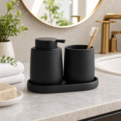 Ceramic Bathroom Accessories Set, 3 Pieces with Soap Dispenser, Toothbrush Holder, and Cup, Matte Black, Polished Finish (Balck) - color: Balck