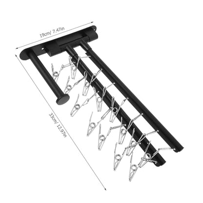 Black Stainless Steel Balcony Clothes Drying Rack Wall Mount with 2-Tier Multi Bar, 360° Rotating Arms, Windproof Clips, and No-Drill Installation for Bathroom and Studio Settings,