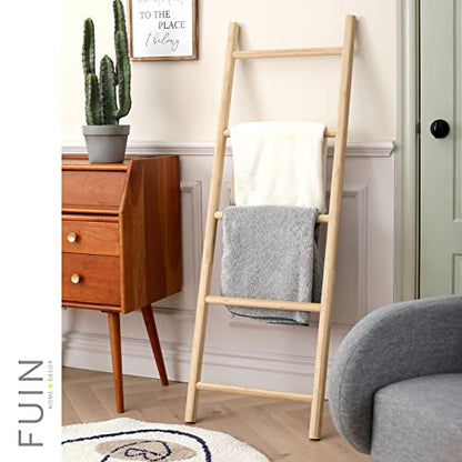FUIN Blanket Ladder, 57in Rustic Bamboo Decor Quilt Display Rack | 5 rungs, farmhouse living room holder, organize clothing and scarf, leaning wall, bathroom and bedroom use