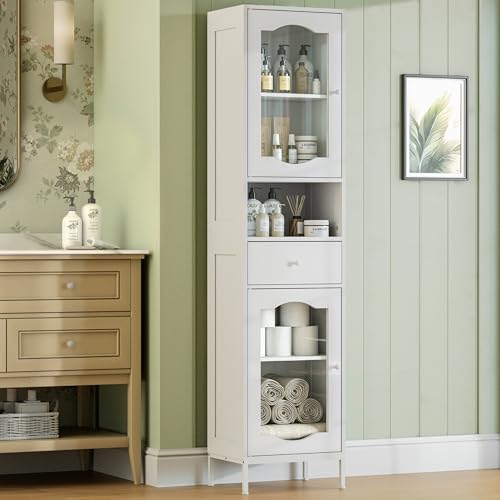 fineway 67"H x 16"W Tall Bathroom Storage Cabinet with Door & Drawer, White | Clear-View Doors, 6-in-1 Large Capacity Storage, Easy Assembly & 2-Year Warranty, FSC-Certified Wood, Anti-Tip Safety - color: White
