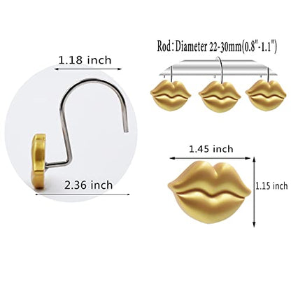 Gold Shower Curtain Hooks Rings, Gold Lips, Set of 12 | Rustproof Metal Shower Rings for Bathroom Shower Hooks for Shower Curtain