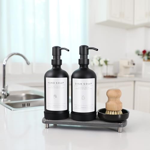 [Luxury] Kitchen Soap Dispenser Set - 16OZ Black Glass Bottle, Stainless Steel Pump, Instant Dry Tray, Waterproof Labels, Non-Slip Silicone Pad, and Dish Brush | Upgrade for Your Kitchen and Bathroom - color: Black Bottle + Black Pump