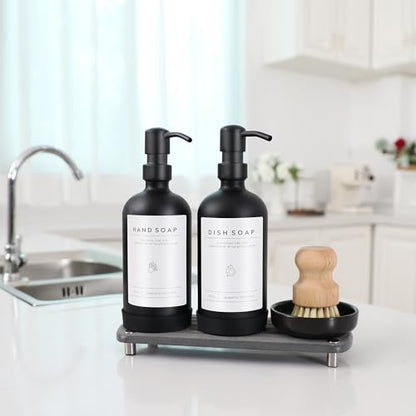 [Luxury] Kitchen Soap Dispenser Set - 16OZ Black Glass Bottle, Stainless Steel Pump, Instant Dry Tray, Waterproof Labels, Non-Slip Silicone Pad, and Dish Brush | Upgrade for Your Kitchen and Bathroom - color: Black Bottle + Black Pump