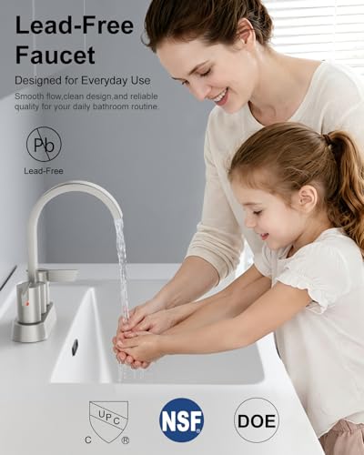 Brushed Nickel Bathroom Faucet,4 Inch Centerset 2-Handle Waterfall | Includes Pop-Up Drain,24-Inch Supply Lines,Mounting Hardware,SUS304 Stainless Steel Construction,And A 360° Swivel Spout - color: Brushed Nickel