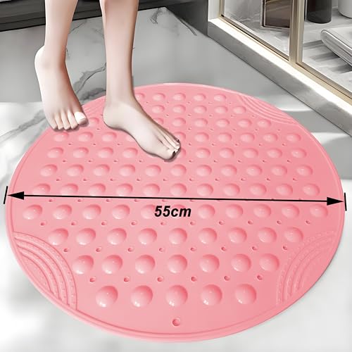 Shower Mat Anti-Slip 21.6'' Round Bathtub Mat with Suction Cups Machine Washable Shower Bath Mat - color: Pink