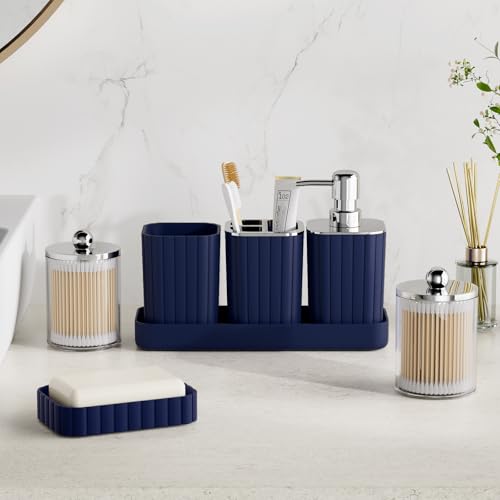 XLHOMO Bathroom Accessory Set - Gorgeous Bathroom Set, 7PC Navy Blue Bathroom Set, Soap Dispenser, Toothbrush Holder, Qtip Holder Set, Bathroom Sets Complete, Bathroom Sink Set for Home Decor - style: Navy Blue&Silver