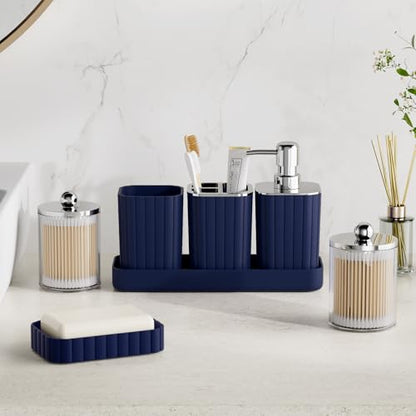 XLHOMO Bathroom Accessory Set - Gorgeous Bathroom Set, 7PC Navy Blue Bathroom Set, Soap Dispenser, Toothbrush Holder, Qtip Holder Set, Bathroom Sets Complete, Bathroom Sink Set for Home Decor - style: Navy Blue&Silver
