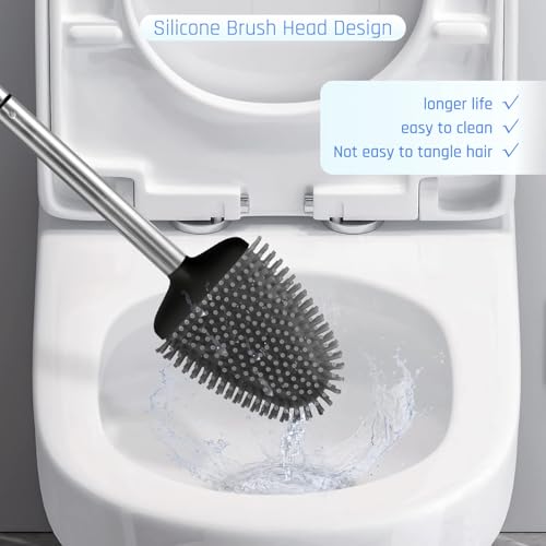 Silicone Toilet Brush, Ventilation Slots Base Holder 2 Pack, Black | Flexible Bristles Flat Head for Rim, Hair Tangle-Free, Easy to Clean, Compact Design, Rustproof Handle, for Toilet/Sink/Tub - color: Black-2pcs
