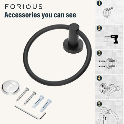 FORIOUS Towel Ring, SUS304 Stainless Steel Hand Towel Holder, Matte Black | Modern Hand Towel Holder Rack Hanger Round for Bathroom Wall Mounted, Ideal for Bathroom, Kitchen, RV - color: Matte Black