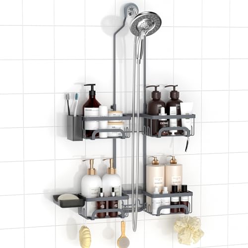 REINHARDT Split Shower Caddy Hanging for Handheld Showerheads, Grey | Adjustable Shower Organizer, Rustproof, 16 Hooks, Soap Holder, 40lbs Capacity, Anti-Slip, Tool-Free, Bathroom Accessories - color: Grey