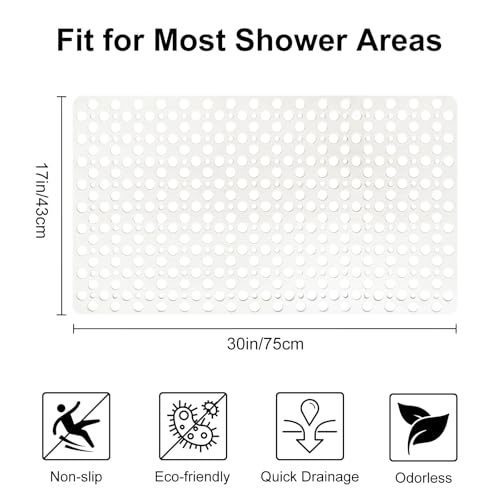 Bathtub Mat and Shower Mat Non Slip: 30 x 17 inch Soft TPE Bath Tub Mat with Suction Cups and Drain Holes, Anti Slip Shower Mats for Inside Shower, Machine Washable, Easy to Dry&Cut - color: White, size: 30" x 17" (Rectangular)
