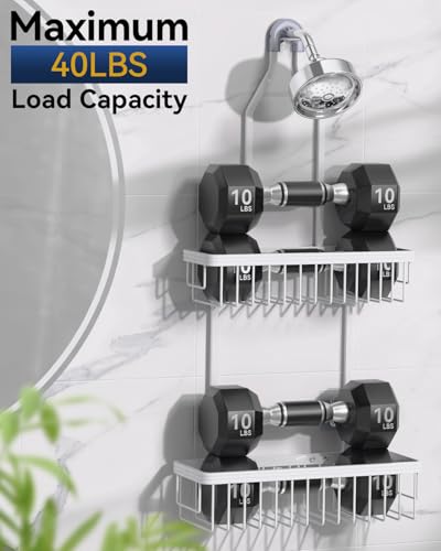 Never Rust Shower Caddy Hanging, Aluminum Shower Racks for Inside Shower, 2-Tier Shower Organizer Hanging Over Shower Head with Hooks and Soap Holder, White - color: White