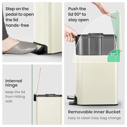 Cesun Small Bathroom Trash Can with Lid, 1.6 Gal, Soft Close, Creamy White | Step pedal soft close, Slim 5.9in fits narrow spaces, Stainless steel, Anti-fingerprint, Removable inner bucket, Odor seal - color: Creamy White