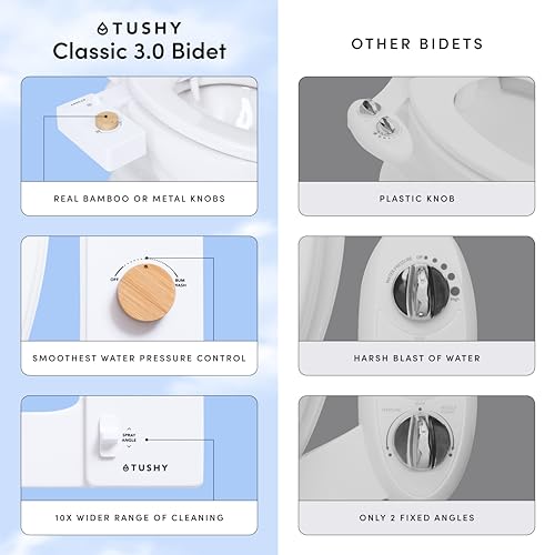 TUSHY Classic 3.0 Bidet Toilet Seat Attachment, Bamboo Knob | Non-Electric, Self Cleaning Water Sprayer, Adjustable Pressure Nozzle, Angle Control, Easy Home Installation - color: White/Bamboo, style: Cool Water