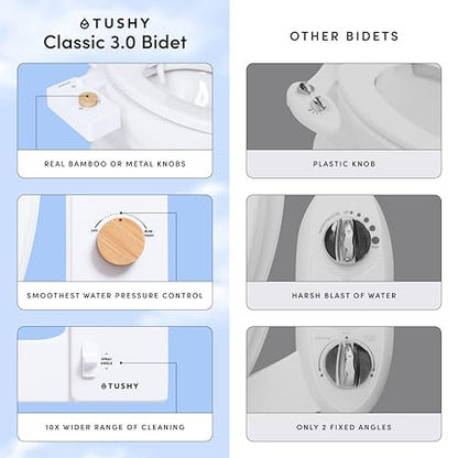 TUSHY Classic 3.0 Bidet Toilet Seat Attachment, Bamboo Knob | Non-Electric, Self Cleaning Water Sprayer, Adjustable Pressure Nozzle, Angle Control, Easy Home Installation - color: White/Bamboo, style: Cool Water