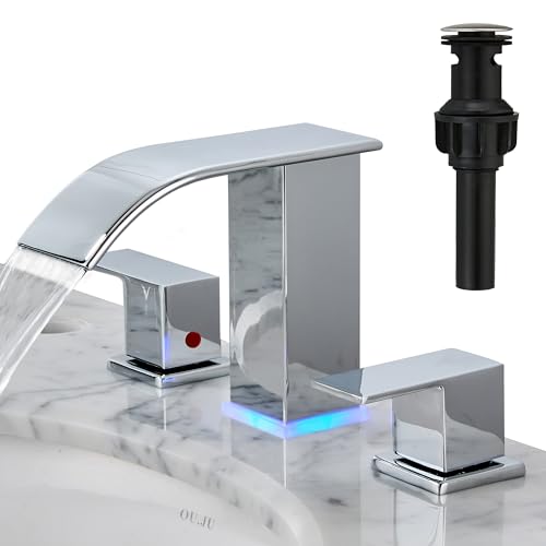 LED Bathroom Faucet 3 Hole, Chrome Waterfall Bathroom Faucets, 8 Inch Widespread Modern Bathroom Sink Faucet & Parts, Wide Spread Touch On Three Hole 2 Handle 3 Piece Bathroom Vanity Faucet - color: Chrome