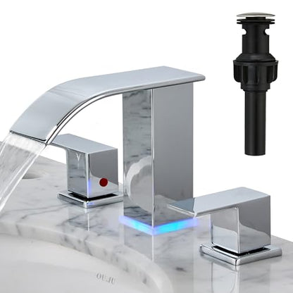 LED Bathroom Faucet 3 Hole, Chrome Waterfall Bathroom Faucets, 8 Inch Widespread Modern Bathroom Sink Faucet & Parts, Wide Spread Touch On Three Hole 2 Handle 3 Piece Bathroom Vanity Faucet - color: Chrome