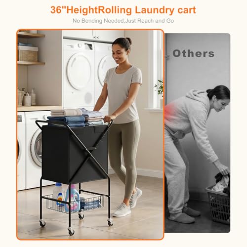 Laundry Basket with Wheels:88L Rolling Laundry Cart Foldable Metal Frame Dirty Clothes Laundry Hamper 36"H 4 Caster 2 Brake Waterproof Removable Liner Carry Handle for Dorm Laundry Room,Black - color: Black