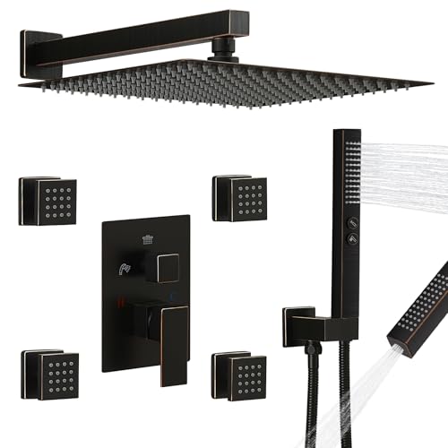RUMOSE Rainfall Shower System with 4 Full Body Jet 4 Mode Shower Faucet Set | 12 Inch Rain Shower Head, 2 in 1 Handheld Spray, Oil Rubbed Bronze Brass Shower Jet Shower Fixtures, Wall Mounted - color: Oil Rubbed Bronze