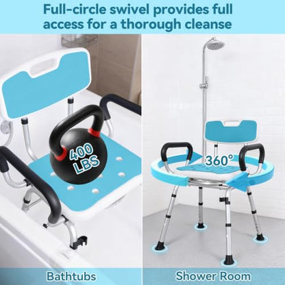Swivel Shower Chair for Inside Shower, 400 lbs, Adjustable Height | Non-Slip Shower Stool with Removable Back and Arms, Lightweight Safety Bath Seat for Elderly and Disabled, Padded Arms - color: Powder Blue
