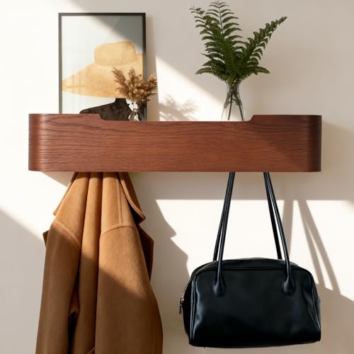 Coat Rack Wall Mount with Shelf Entryway Shelf Modern Key Holder Hanger Wall Shelves with Hidden Hooks for Hanging Towels Coats Hats Bags for Hallway Bathroom Bedroom(Walnut Color, 5 Hooks) - color: Walnut Color, size: 5 hooks
