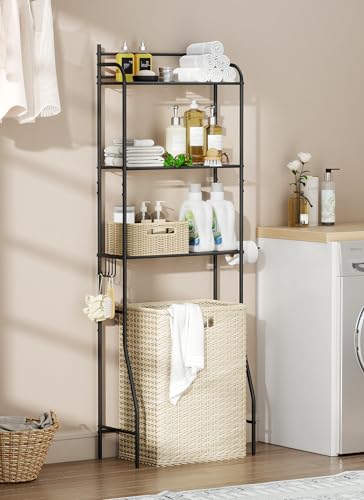 3-Tier Over The Toilet Storage, Bathroom Organizer, Space-Saving, Above Toilet Storage Rack with 4 Hooks and Paper Holder, Metal Shelf, Black - size: 3 Tier-Black
