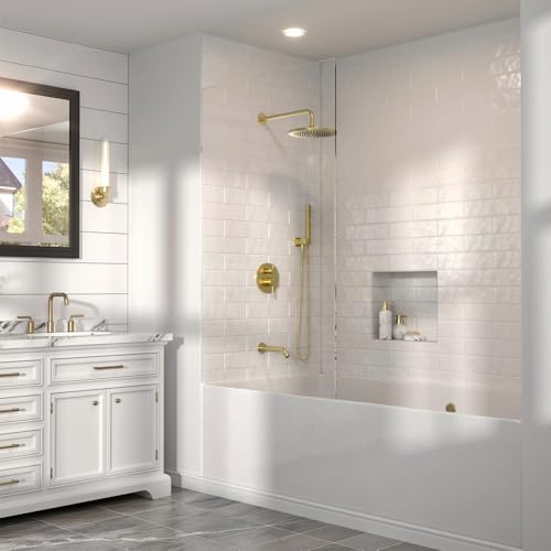 Lava Odoro Modern 3-Setting Round Rain Bathtub and Shower Faucet Set, Gold Rainfall Shower Head and Handle Set, Rain Shower System with Tub Spout, Shower Valve Trim Kit, Brushed Gold, SF104-SG-T - color: Brushed Gold, style: With Tub Spout
