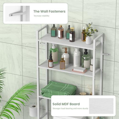 Over Toilet Storage 3-Tier Bathroom Shelf Organizer Multifunctional Above Toilet Storage Rack Freestanding Space Saver Behind the Toilet Shelf White Toilet Stand with Hooks and Toilet Paper Holder - color: White