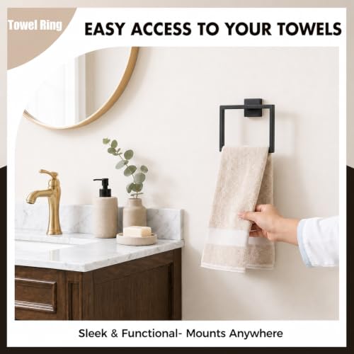5-Piece Matte Black Bathroom Accessorys Stainless Steel Towel Bar Set | Square with Toilet Paper Holder Towel Ring Hook and Towel Racks for Bathroom Wall Mounted Bathroom Hardware Set - color: Matte Black