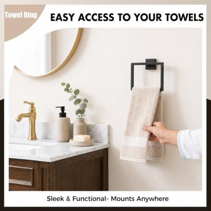 5-Piece Matte Black Bathroom Accessorys Stainless Steel Towel Bar Set | Square with Toilet Paper Holder Towel Ring Hook and Towel Racks for Bathroom Wall Mounted Bathroom Hardware Set - color: Matte Black