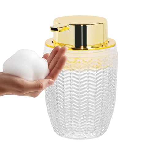 Foam Soap Dispenser, Clear Glass Foaming Soap Dispenser, 10 Oz Refillable Hand Soap Dispenser Liquid Lotion Pump Container Ribbed Bottle for Bathroom Countertop Decor - color: Clear and Gold