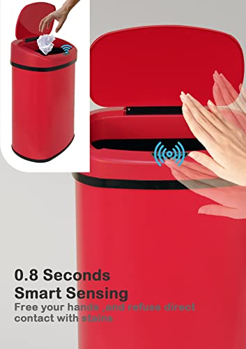 13 Gallon/50 L Kitchen Trash Can with Lid, Stainless Steel Garbage Can with Touch-Free Lid, Cute Trash Can Automatic Trash Can Bathroom Trash Can with Lid, Motion Sensor Trash Can Brushed Finish - color: Red