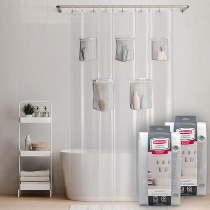 Rubbermaid Heavyweight PEVA Shower Curtain Liner with 5 Mesh Storage Pockets, Waterproof Shower Liner with Rustproof Metal Grommets, BPA-Free, 70 x 72 Inches, Clear with Grey Grommets and Pockets - color: Clear, size: 70"W x 72"L (Pack of 2), style: With