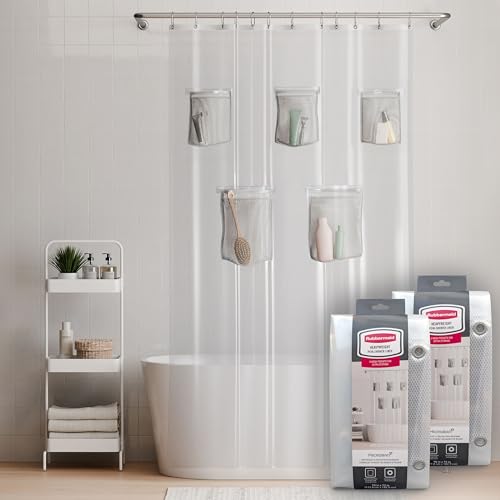 Rubbermaid Heavyweight PEVA Shower Curtain Liner with 5 Mesh Storage Pockets, Waterproof Shower Liner with Rustproof Metal Grommets, BPA-Free, 70 x 72 Inches, Clear with Grey Grommets and Pockets - color: Clear, size: 70"W x 72"L (Pack of 2), style: With