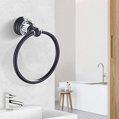 WINCASE Crystal Towel Ring, Black Hand Towel Holder, Bathroom Round Towel Hanger Racks Wall Mount Matte Black - color: Black