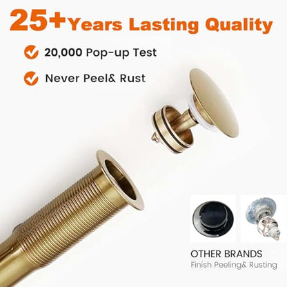 Bathroom Sink Drain Without Overflow, Brushed Gold Bathroom Sink Stopper for Vanity Vessel Sink, Rapid Draining Stainless Steel Pop Up Drain with Hair Catcher Anti-Clog Strainer - color: Brushed Gold