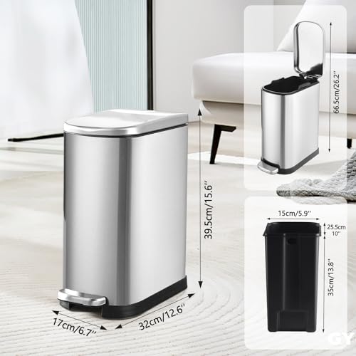 ELPHECO Bathroom Trash Can with Lid 3.5Gal Stainless Steel Step Garbage Can | 13.5 Litre Stainless Steel Pedel Garbage Can with Removable Inner Bucket, Wastebasket for Bathroom, Office, Bedroom, Silver - color: Silver