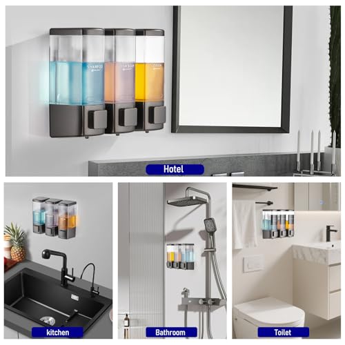 Pollock Shampoo and Conditioner Dispenser 3 Chamber * 500ML | Shower Soap Dispenser Wall Mounted, Body Wash Dispenser No Drill, Refillable Shower Dispenser for Bathroom - color: Blk-zt-53-gun3