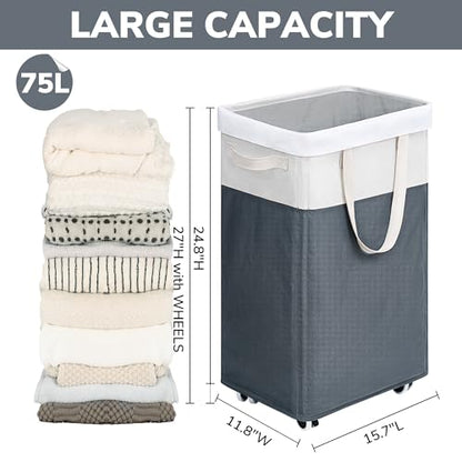 Goodpick 75L Rolling Laundry Basket with Wash Bag, Laundry Hamper for Dorm | Clothes Hamper with Removable Wash Bag for Laundry Room, Large Rolling Laundry Basket with Handles, Grey & White - color: Grey & White