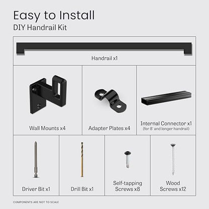 Modern Aluminum Handrail Complete DIY Kit – Matte Black with Adjustable Wall Mount Brackets Included (9' Length) - size: 9' length