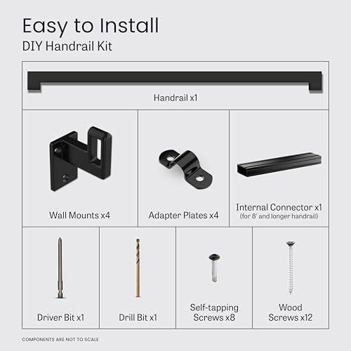 Modern Aluminum Handrail Complete DIY Kit – Matte Black with Adjustable Wall Mount Brackets Included (10' Length) - size: 10' length