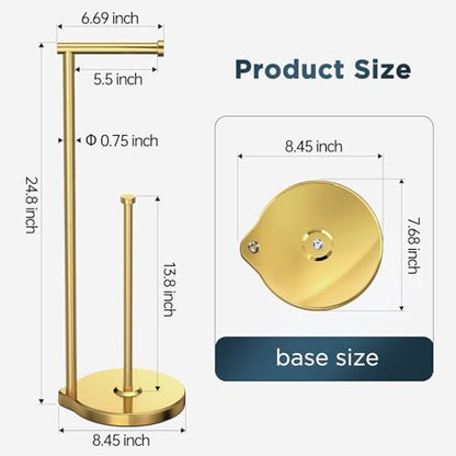 theaoo Heavy-Duty Toilet Paper Holder Stand, Bathroom Storage, Gold | Freestanding Toilet Tissue Paper Roll Holder with Reserve Storage. Stainless Steel Stand For Bathroom, Holds Extra Rolls - color: Brushed Gold