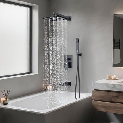 SR SUN RISE 10 Inch All Metal Square Shower System with Tub Spout, Tub Shower Faucet Set, High Pressure Rain Shower Head and Handheld Sprayer Shower Fixtues, Valve Included, Matte Black - color: Matte Black, size: 10 Inch