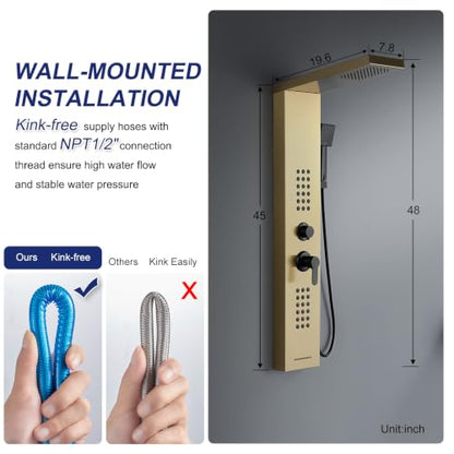 ROVATE 4 in 1 Rainfall Shower Panel Tower with Powerful Body Jets, Gold | High Pressure Stainless Steel Shower Column with Flexible Handheld, Waterfall Tub Spout, Adjustable Waterflow