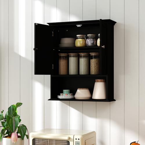 Bathroom Wall Cabinet, Over the Toilet Storage Cabinet with 2 Doors, 3 Heights Adjustable Shelf & Open Shelf, Wooden Hanging Medicine Cabinet for Bathroom, Kitchen, Living & Laundry Room, Black - color: Black